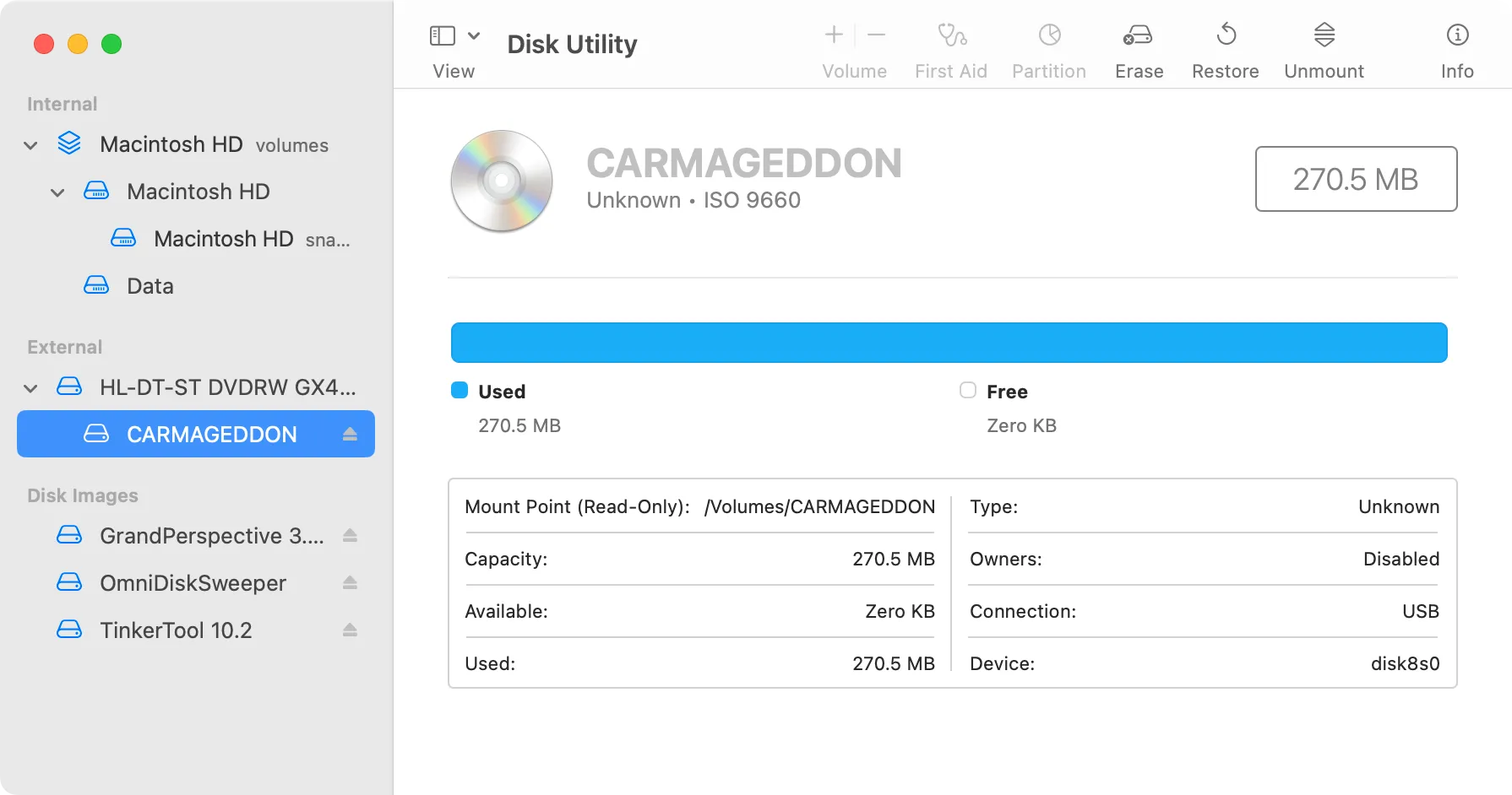 Giao diện Disk Utility trên macOS, hiển thị ổ đĩa CD đã được chọn