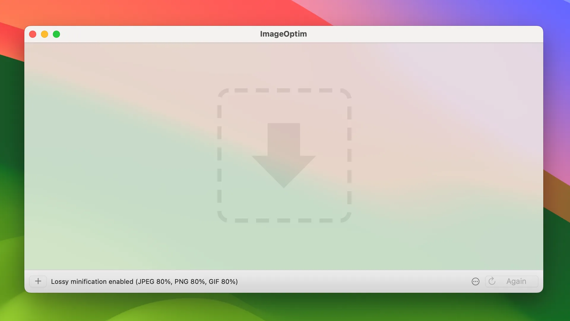 Giao diện đơn giản của ứng dụng ImageOptim trên macOS, nơi người dùng có thể kéo thả ảnh để tối ưu hóa kích thước mà vẫn giữ chất lượng.