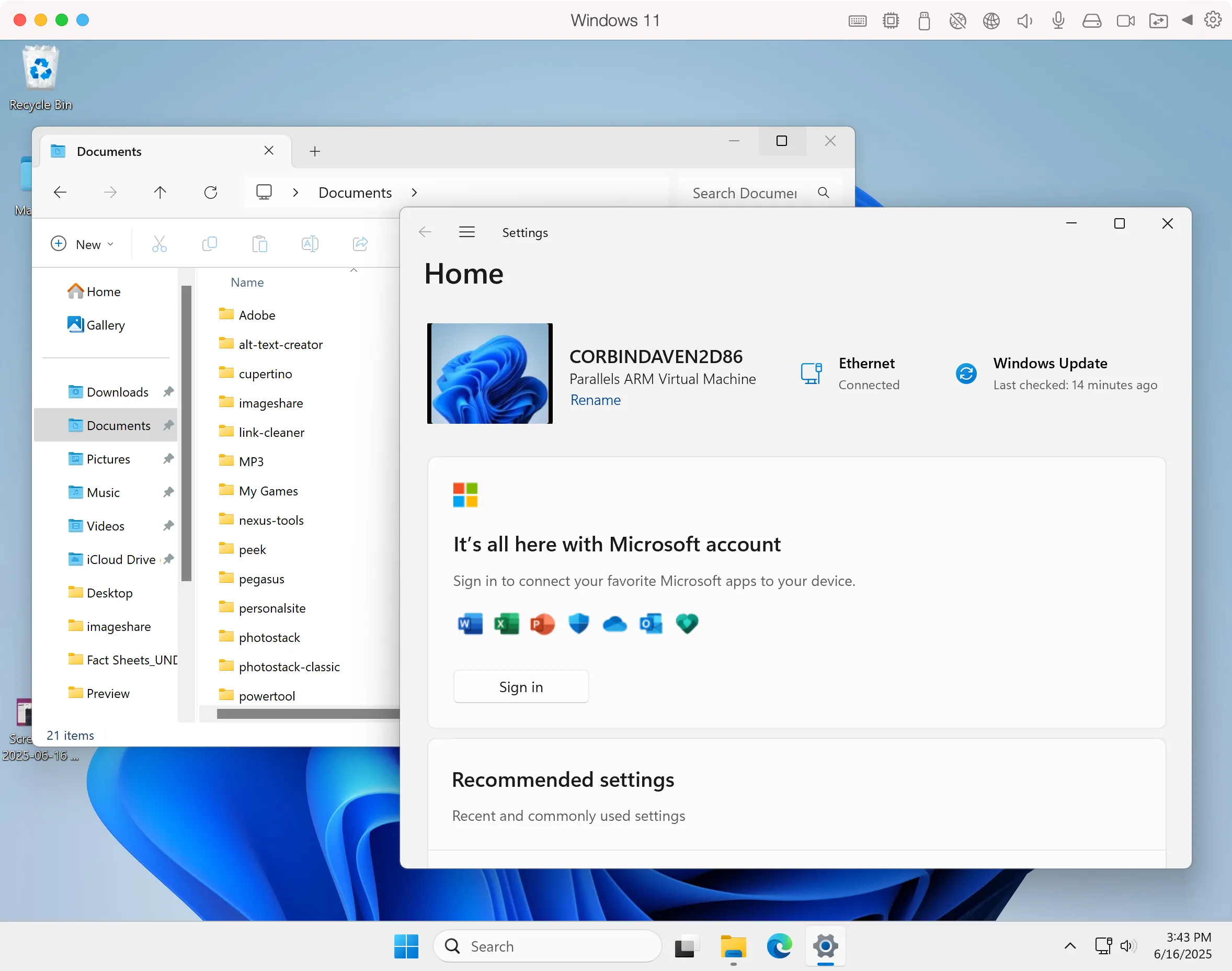 Giao diện File Explorer và Cài đặt của Windows 11 chạy trong Parallels Desktop trên MacBook