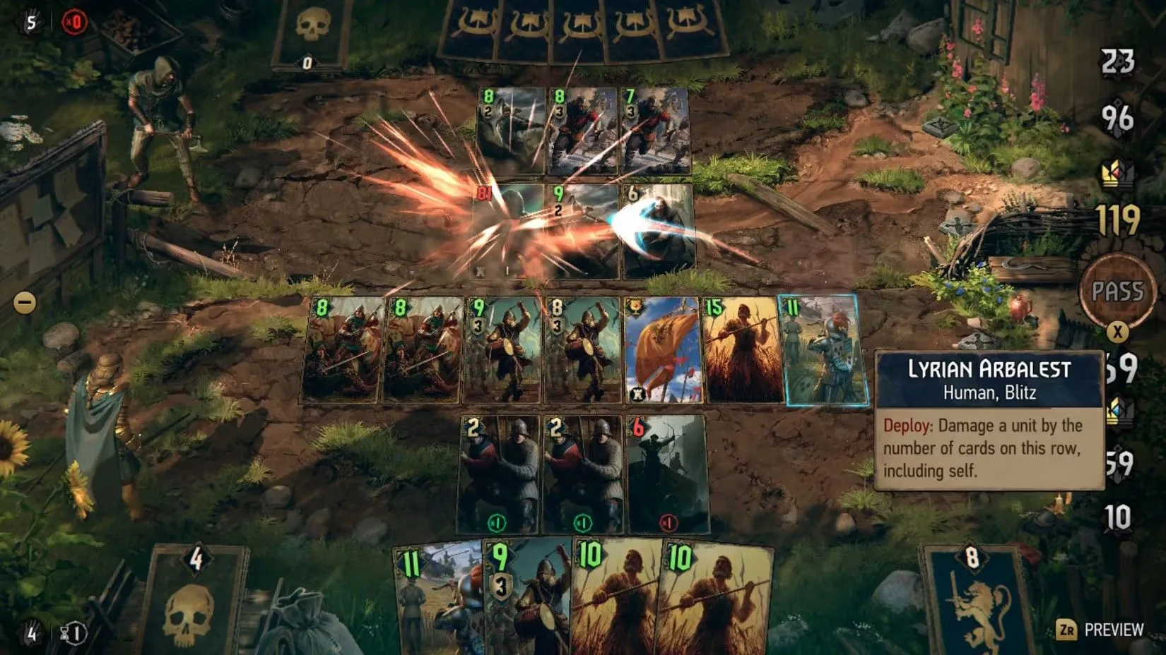 Giao diện gameplay của Thronebreaker: The Witcher Tales, một tựa game nhập vai thẻ bài spin-off dựa trên thế giới của Gwent, minh họa cho các game chơi đơn tách biệt từ game multiplayer.