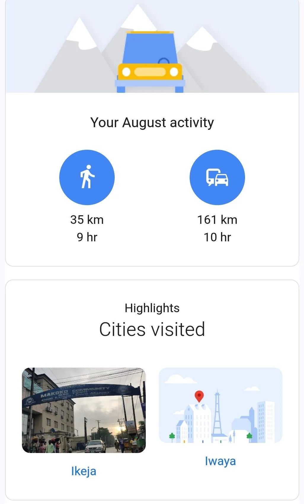 Giao diện Google Maps Timeline hiển thị bản đồ với các điểm đã ghé thăm và thống kê di chuyển