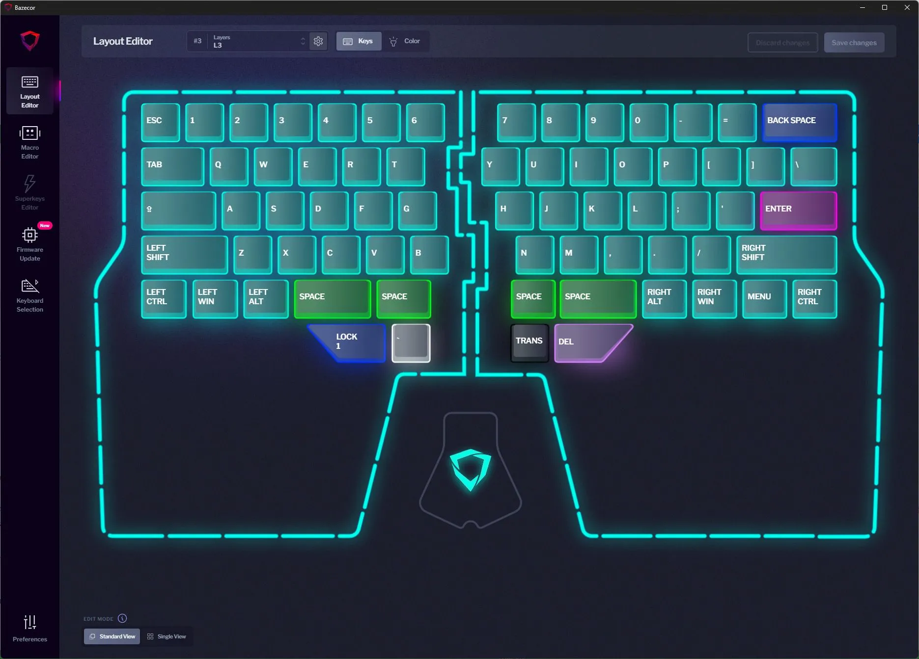 Giao diện Layer 3 trên Bazecor, được thiết kế đặc biệt cho chơi game trên Dygma Raise, thể hiện bố cục phím tối giản tập trung vào các chức năng cơ bản cần thiết cho game thủ.