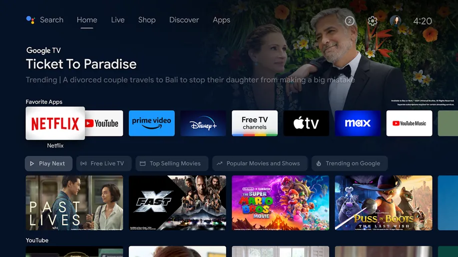 Giao diện màn hình chính của Android TV với các ứng dụng và nội dung đề xuất