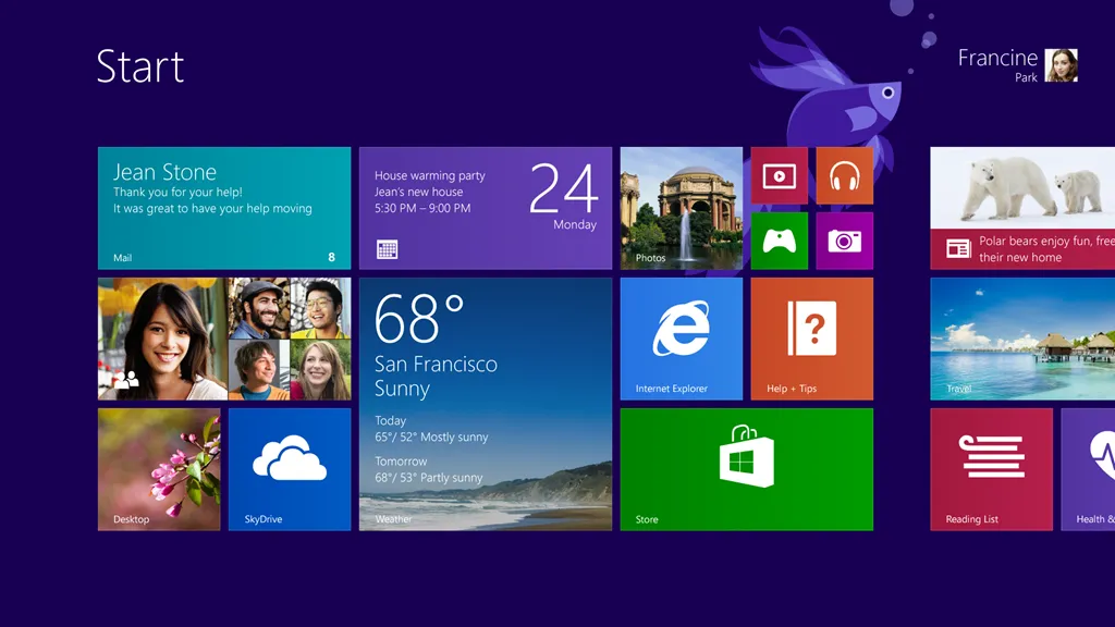 Giao diện màn hình Start của Windows 10 với các ô ứng dụng Tile, thông tin thời tiết, lịch và hồ sơ người dùng, thể hiện tính năng của Tablet Mode