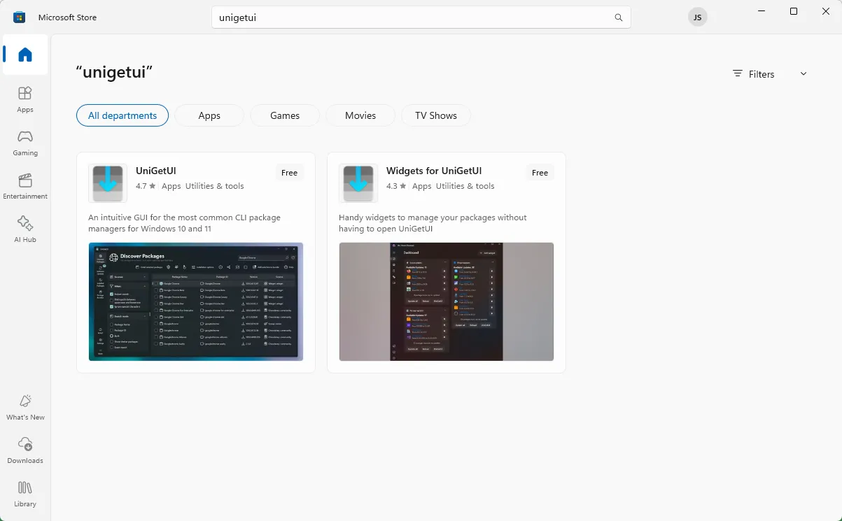 Giao diện Microsoft Store hiển thị kết quả tìm kiếm UniGetUI, minh họa cách tải công cụ quản lý ứng dụng từ cửa hàng chính thức.