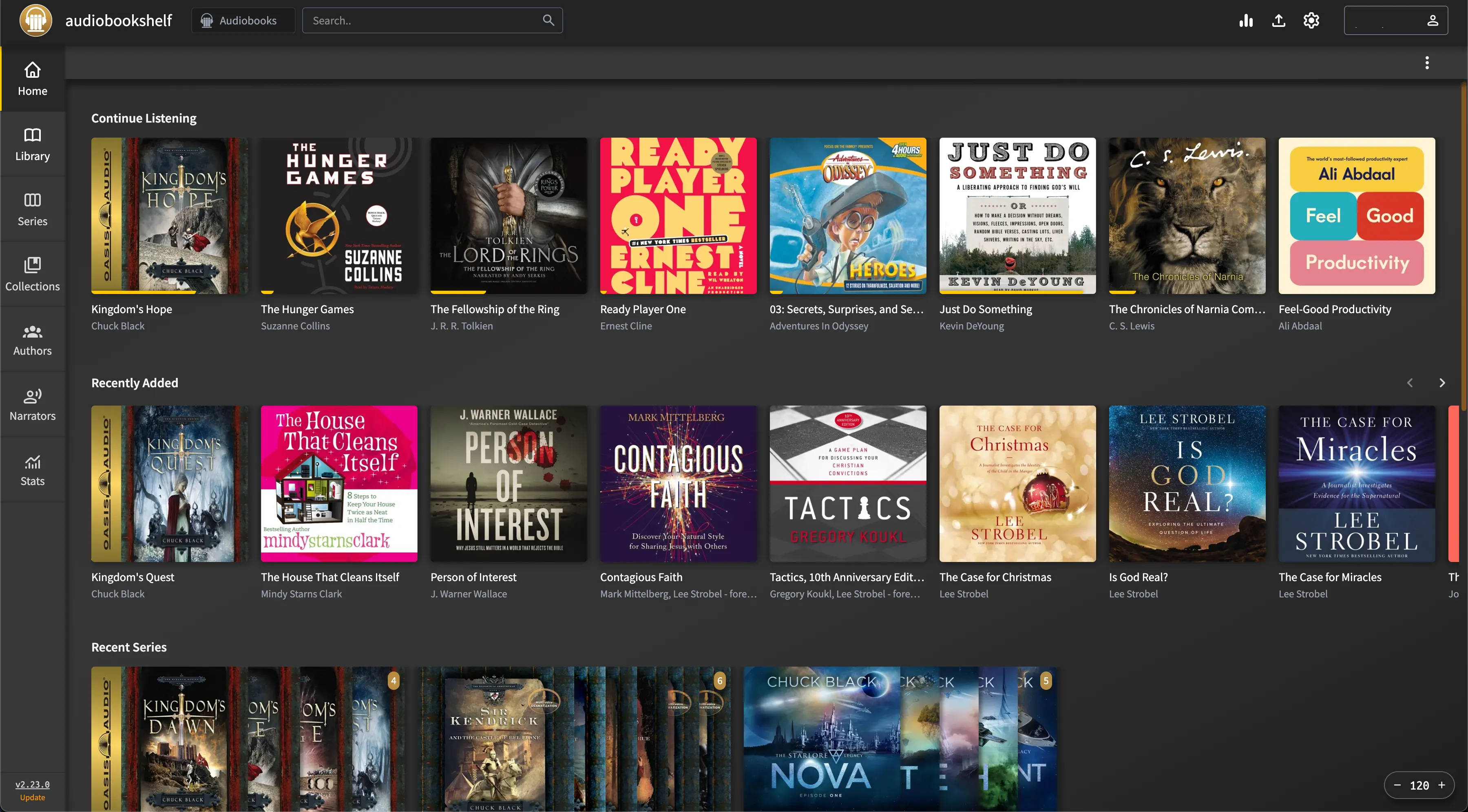 Giao diện người dùng của Audiobookshelf hiển thị các sách nói đang nghe dở, sách mới thêm và các bộ sách đã tải lên.