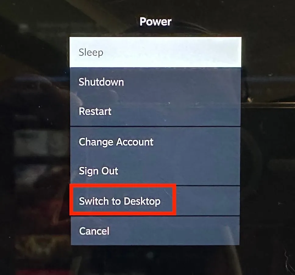 Giao diện SteamOS hiển thị tùy chọn &quot;Switch to Desktop&quot; trong menu Nguồn, hướng dẫn chuyển sang chế độ máy tính để bàn.