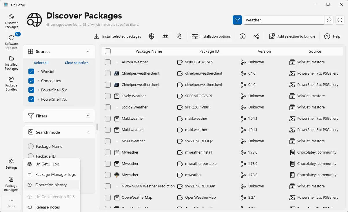 Giao diện tab &quot;Discover Packages&quot; của UniGetUI, hiển thị danh sách các ứng dụng có thể khám phá và cài đặt.