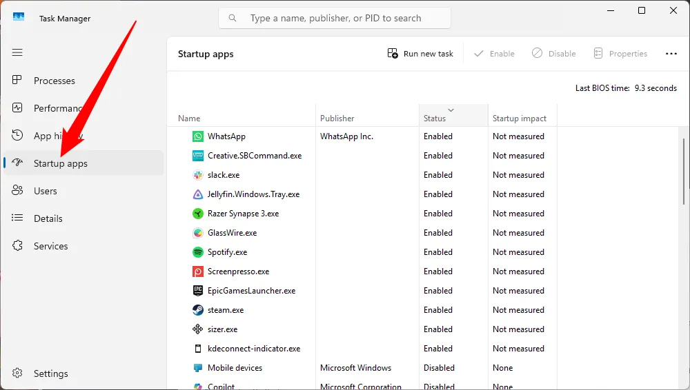 Giao diện tab Ứng dụng khởi động (Startup Apps) trong Task Manager của Windows, liệt kê các ứng dụng được cấu hình để chạy cùng hệ điều hành khi khởi động, giúp người dùng quản lý và vô hiệu hóa phần mềm lạ.