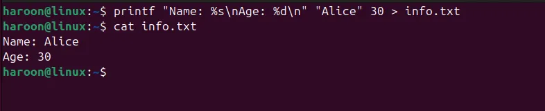 Giao diện terminal Linux minh họa cách sử dụng lệnh printf để tạo và ghi nội dung vào tệp, sau đó dùng lệnh cat để xem nội dung tệp đã tạo.