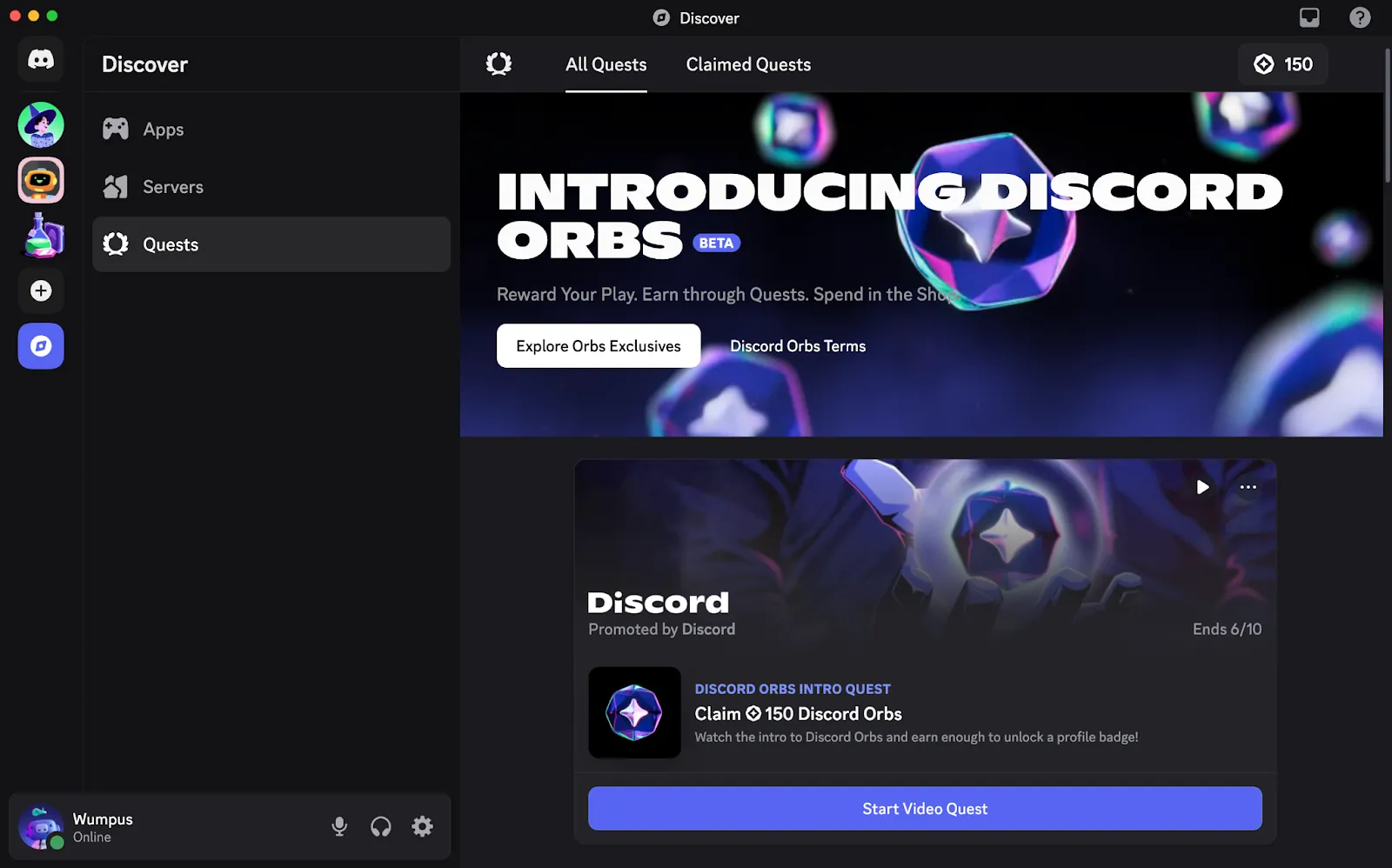 Giao diện tính năng Discord Orbs với các nhiệm vụ và phần thưởng