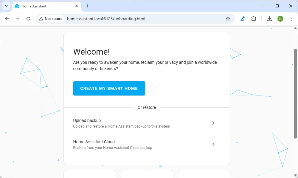 Giao diện trang khởi động của Home Assistant, một nền tảng mạnh mẽ để biến PC cũ thành trung tâm điều khiển nhà thông minh