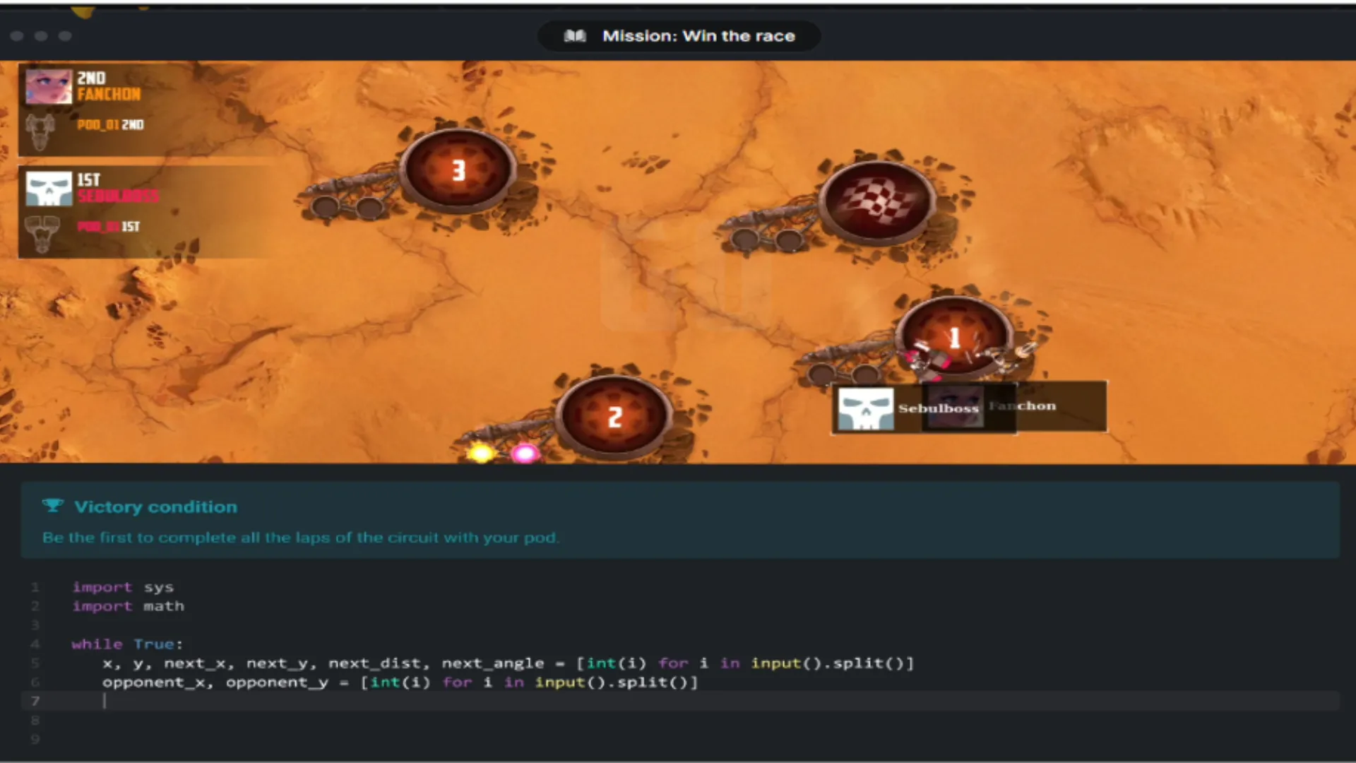 Giao diện trò chơi CodinGame với các nhiệm vụ mã hóa phức tạp, dành cho lập trình viên Python trình độ trung cấp