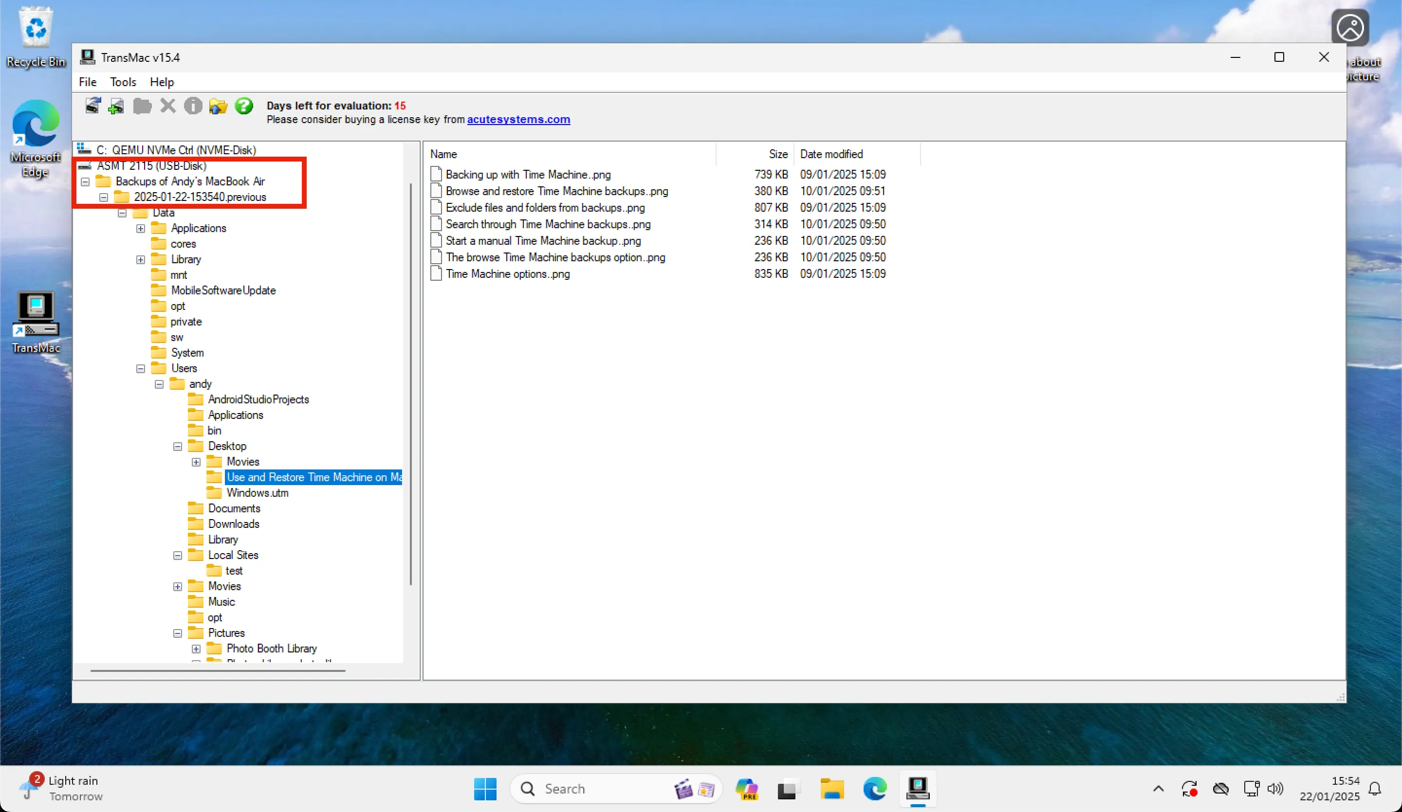 Giao diện truy cập bản sao lưu Time Machine trên hệ điều hành Windows