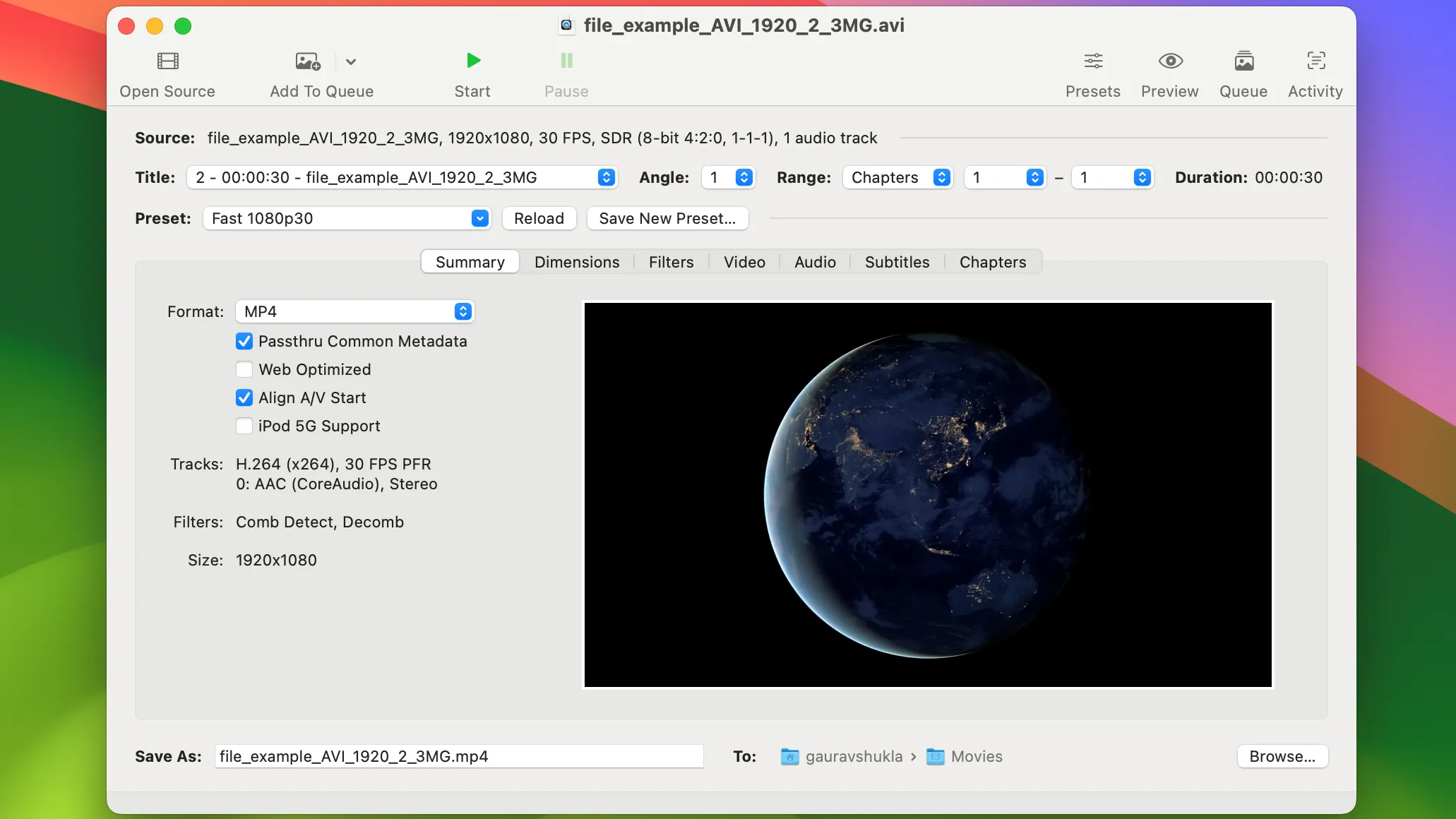 Giao diện ứng dụng Handbrake trên macOS, hiển thị các tùy chọn chuyển đổi và nén video với nhiều cài đặt nâng cao.