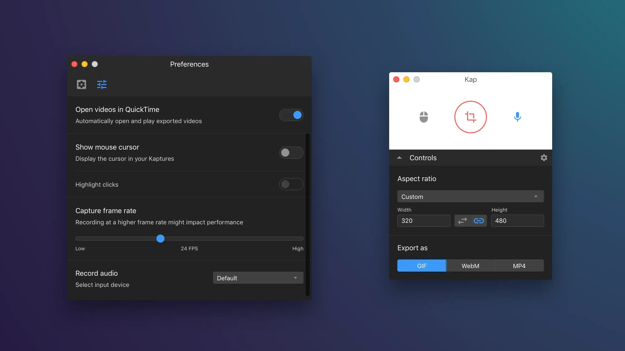 Giao diện ứng dụng Kap trên macOS, hiển thị tùy chọn ghi lại màn hình và xuất file dưới nhiều định dạng khác nhau.