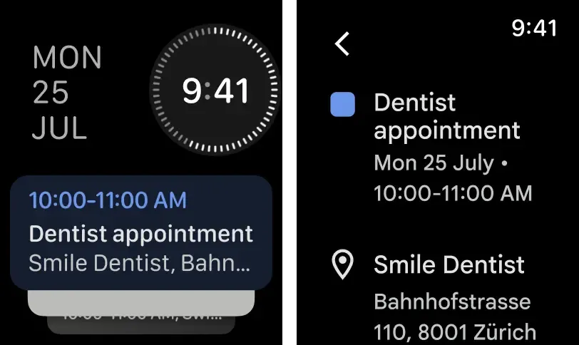 Giao diện ứng dụng Lịch Google trên Apple Watch hiển thị danh sách sự kiện và chi tiết.