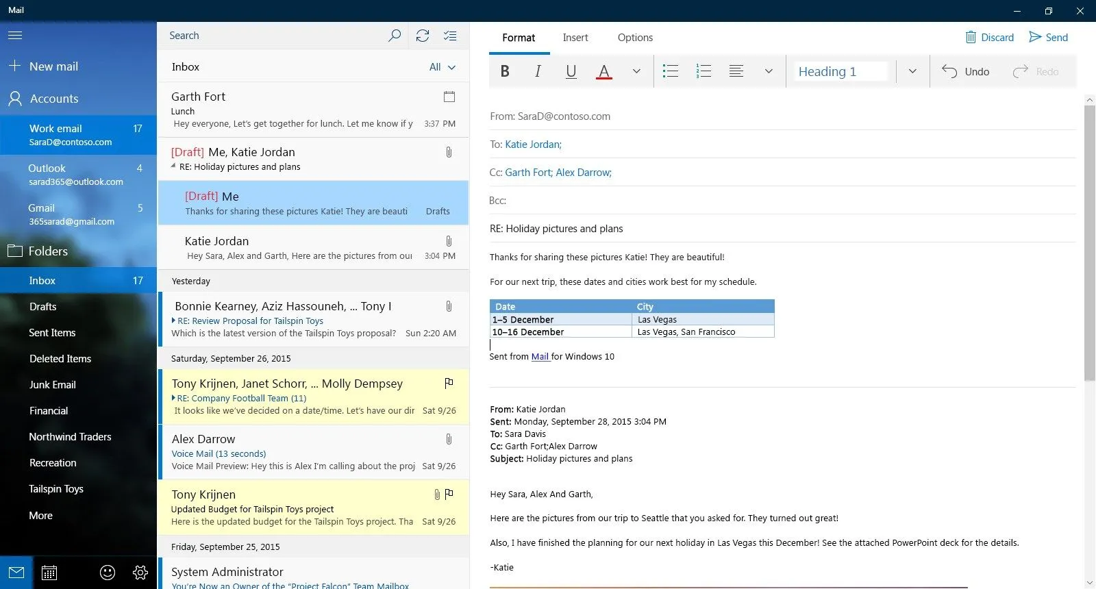 Giao diện ứng dụng Mail gốc của Windows 10 hiển thị hộp thư đến và email đang soạn thảo, với thiết kế đơn giản và màu sắc chủ đạo là xanh dương