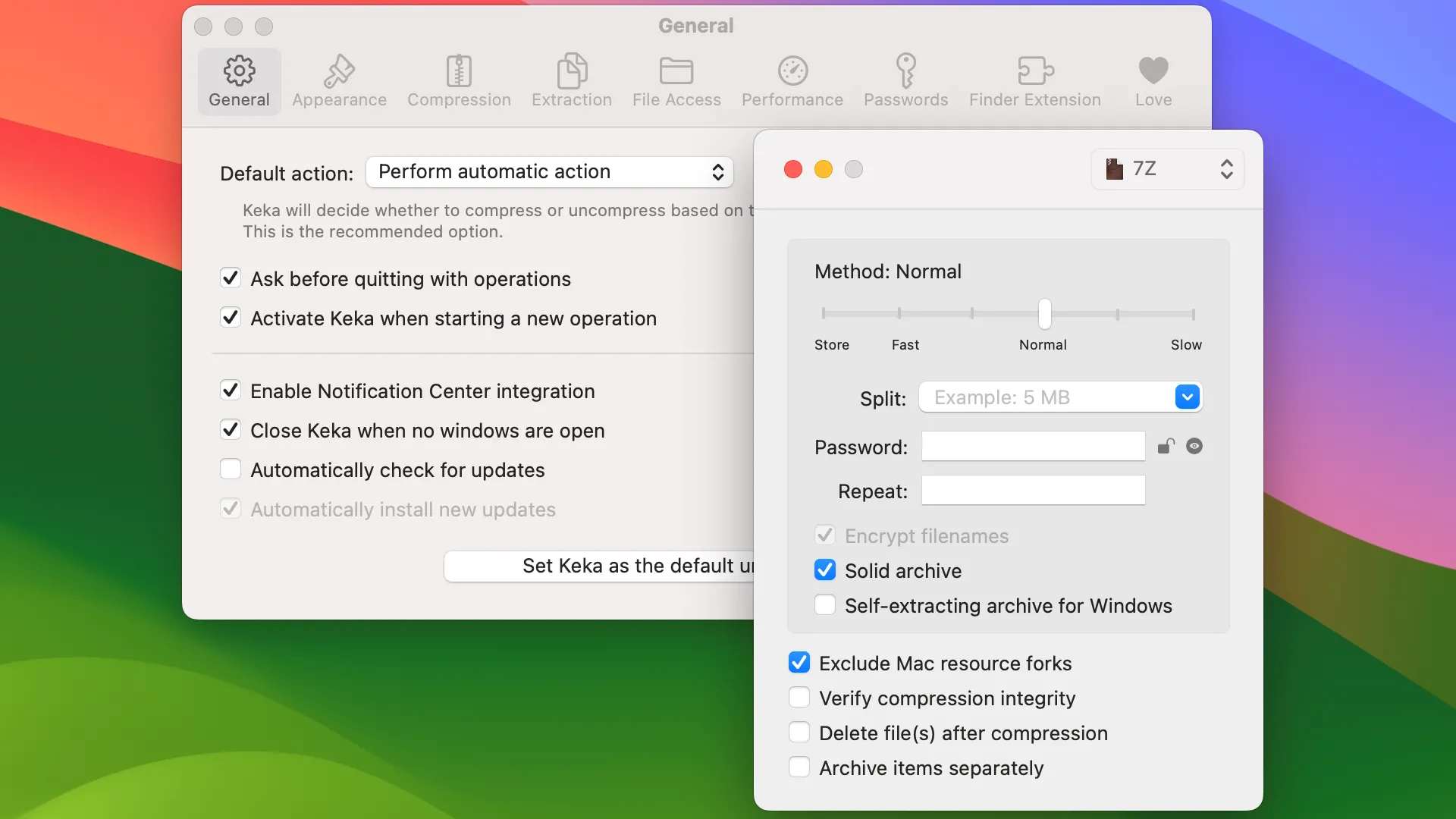 Giao diện ứng dụng nén và giải nén Keka trên macOS, hiển thị các tùy chọn xử lý file lưu trữ như tạo, giải nén và mã hóa.