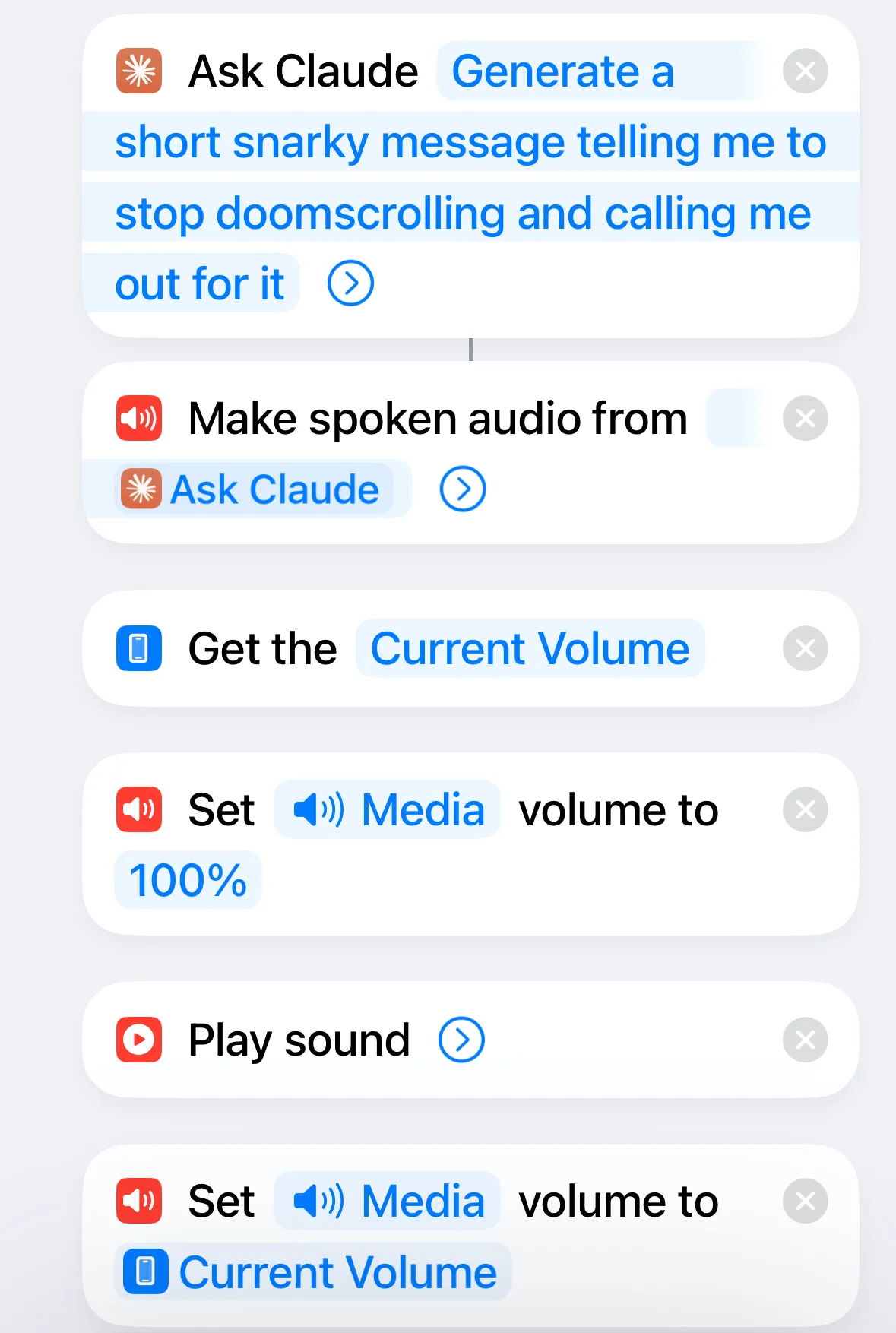 Giao diện ứng dụng Phím tắt (Shortcuts) trên iPhone hiển thị phím tắt chống doomscrolling hoàn chỉnh, bao gồm các hành động AI, phát âm thanh và tự động hóa.
