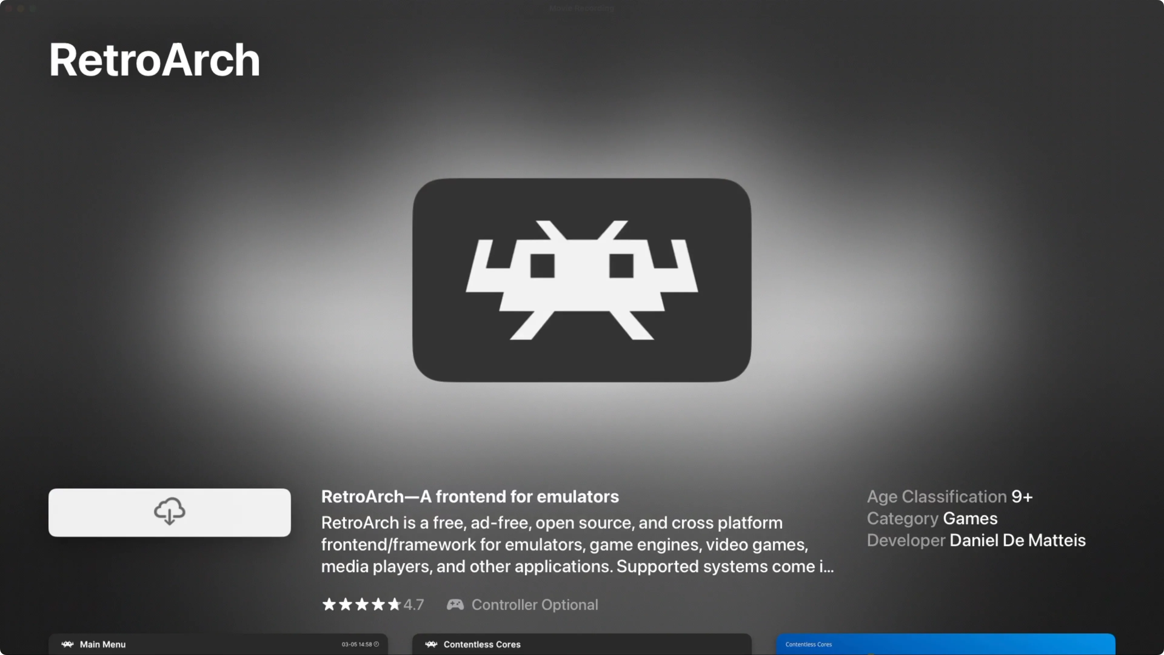 Giao diện ứng dụng RetroArch trên kho ứng dụng tvOS App Store, hiển thị khả năng giả lập game retro trên Apple TV.