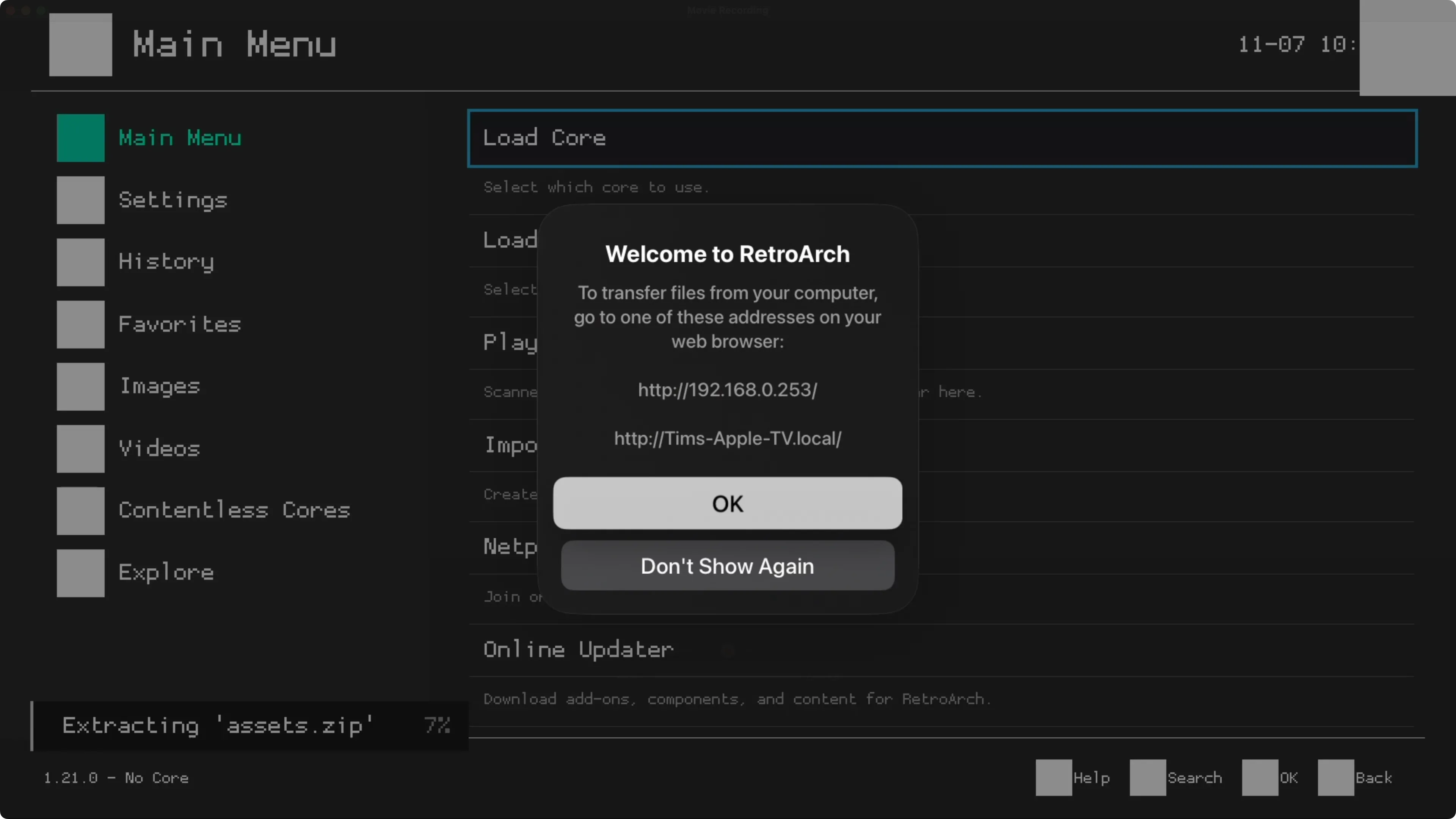 Giao diện web để chuyển file ROMs và BIOS vào RetroArch trên Apple TV, minh họa cách người dùng quản lý bộ sưu tập game.