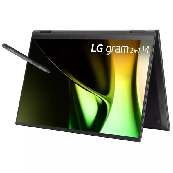 Góc nhìn cận cảnh laptop LG gram 14 inch 2-in-1 với màn hình hiển thị hình ảnh động.