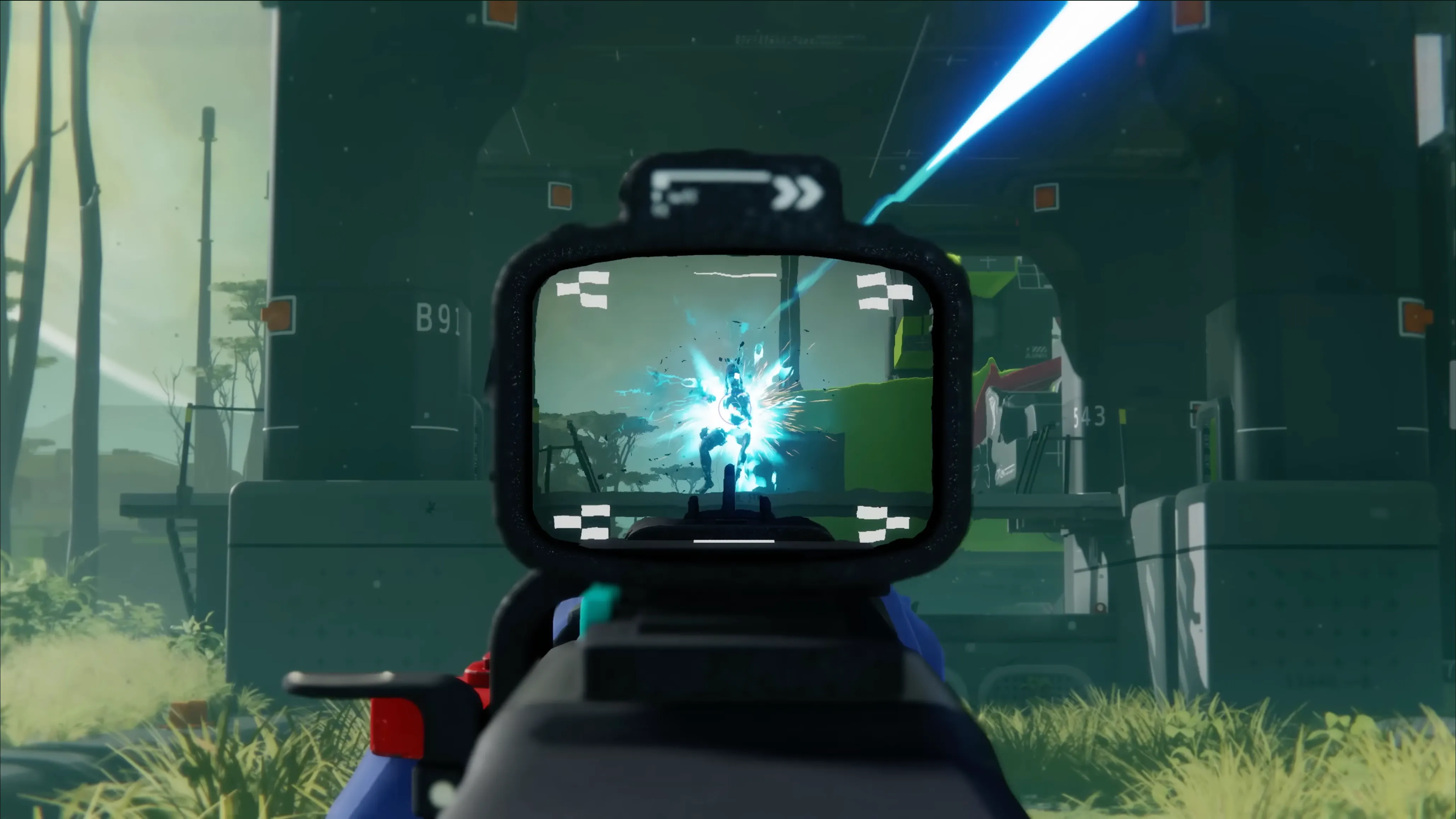 Góc nhìn người thứ nhất khi nhắm bắn trong game Marathon, thể hiện gameplay chặt chẽ.