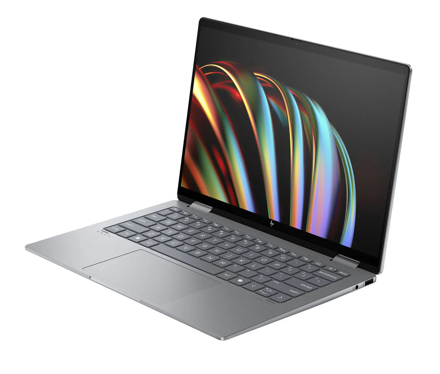 Góc nhìn từ phía trước của laptop HP Envy x360 2-in-1 màu bạc với màn hình hiển thị.
