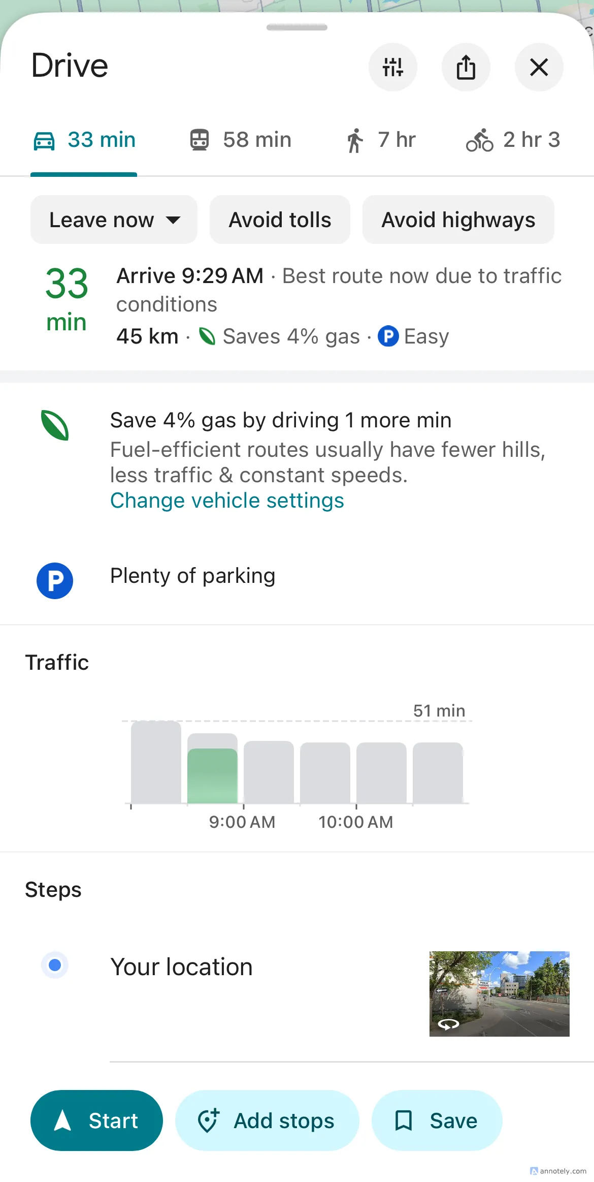Google Maps hiển thị tuyến đường tiết kiệm nhiên liệu cho phương tiện ô tô.