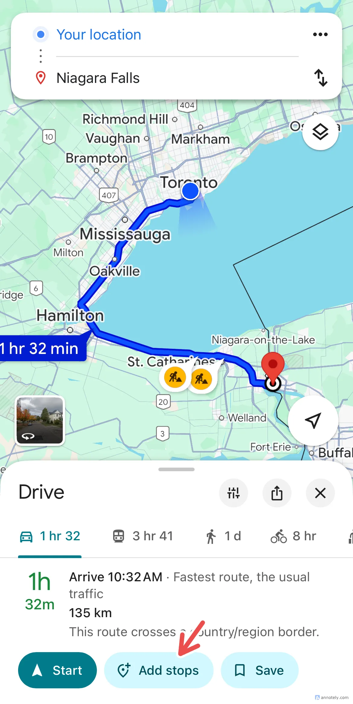 Google Maps tính toán lại thời gian lái xe sau khi thêm điểm dừng trên lộ trình.