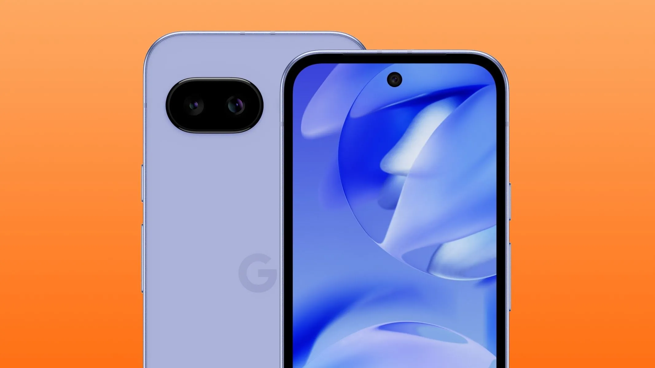 Hai chiếc điện thoại Google Pixel 9a được trưng bày, một chiếc hiển thị mặt trước với màn hình lớn và một chiếc hiển thị mặt sau với cụm camera đặc trưng