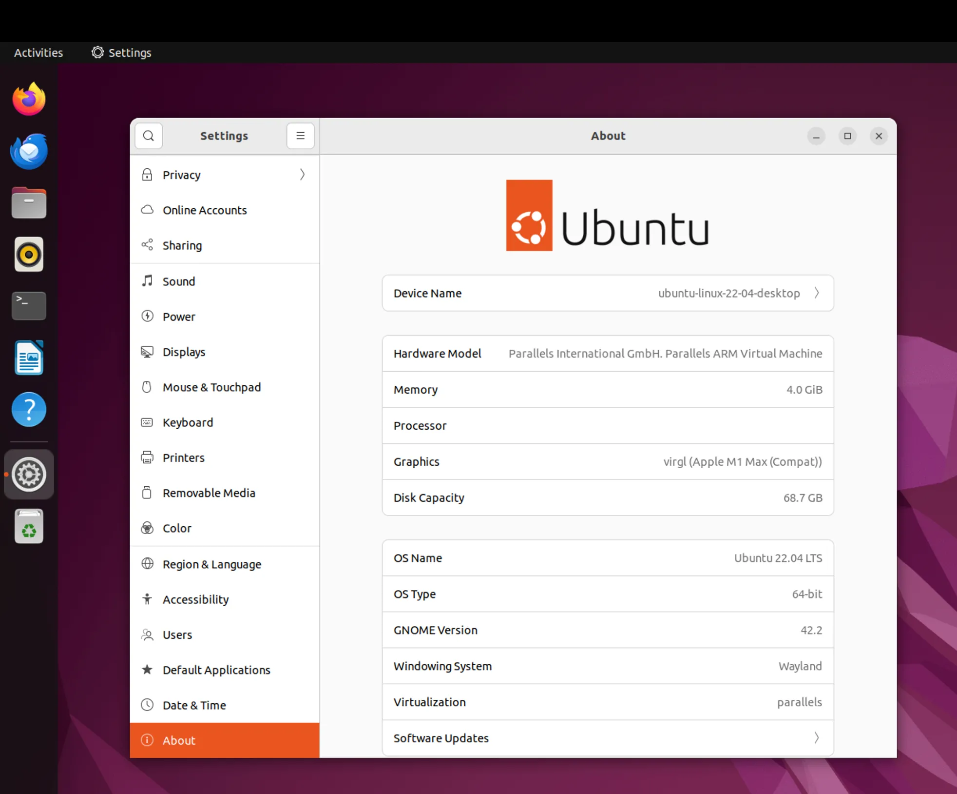 Hệ điều hành Ubuntu 22.04 LTS chạy ổn định trên MacBook Pro M1 Max thông qua Parallels Desktop.