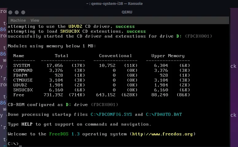 Hệ thống FreeDOS đã cài đặt và chạy ổn định bên trong QEMU trên nền Linux
