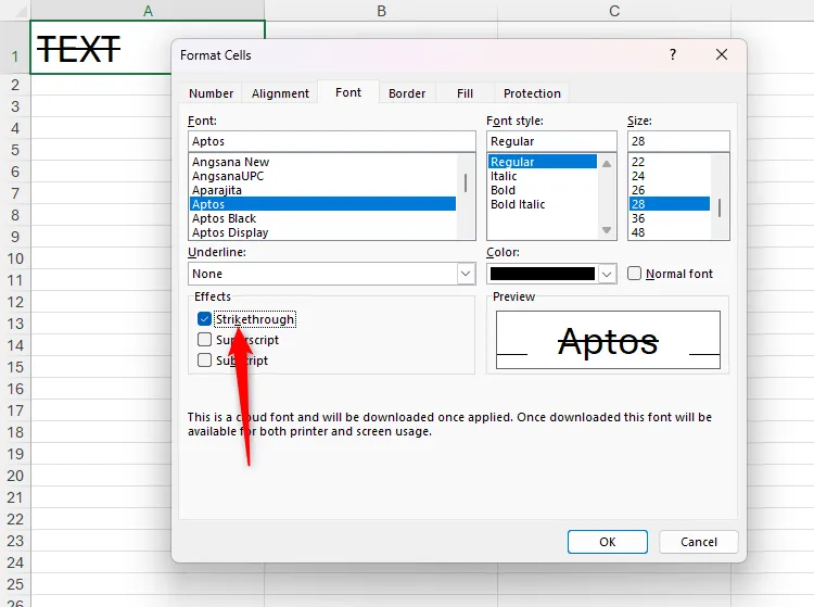 Hiệu ứng gạch ngang (strikethrough) của văn bản trong Microsoft Excel được kích hoạt qua hộp thoại Format Cells bằng phím tắt Alt+K.