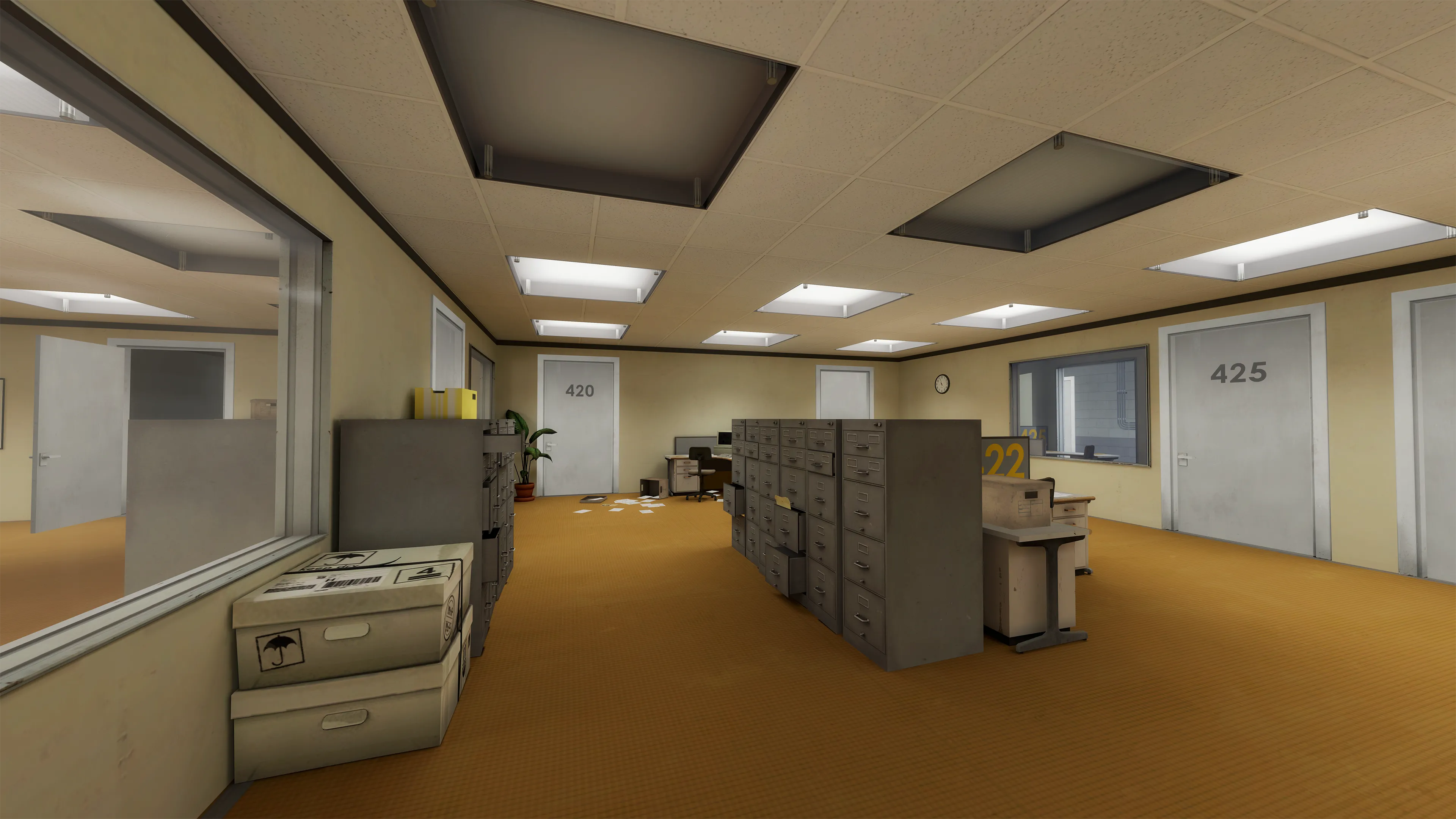 Hình ảnh bên trong tòa nhà văn phòng với những cánh cửa số đóng kín trong game The Stanley Parable