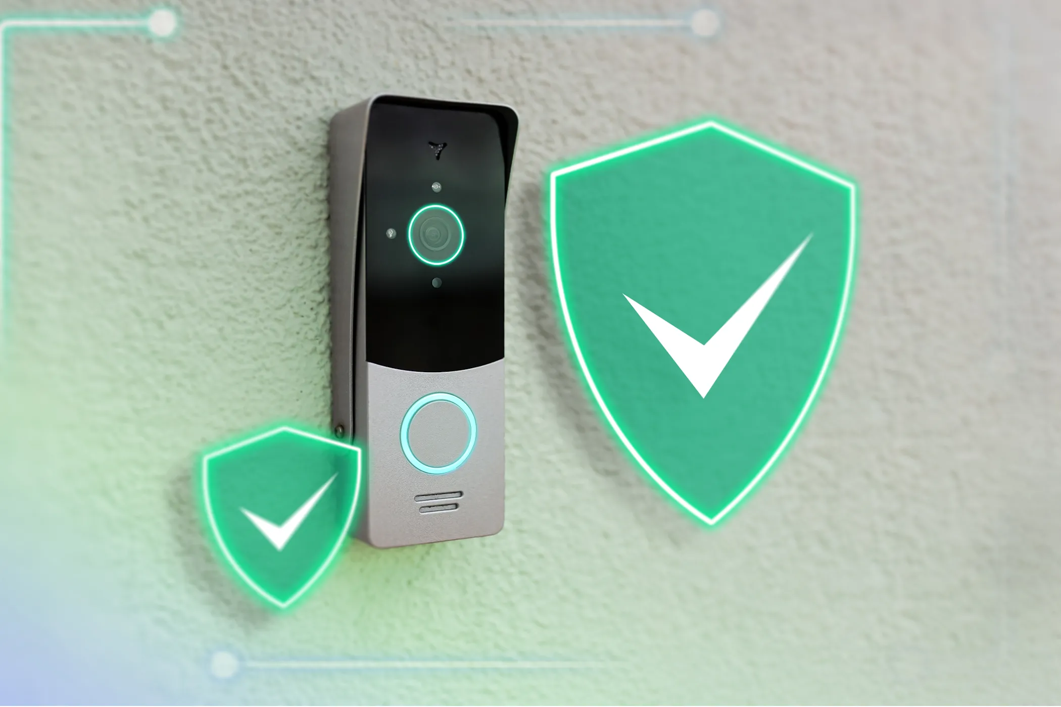 Hình ảnh concept chuông cửa thông minh tích hợp camera và các biểu tượng bảo mật.