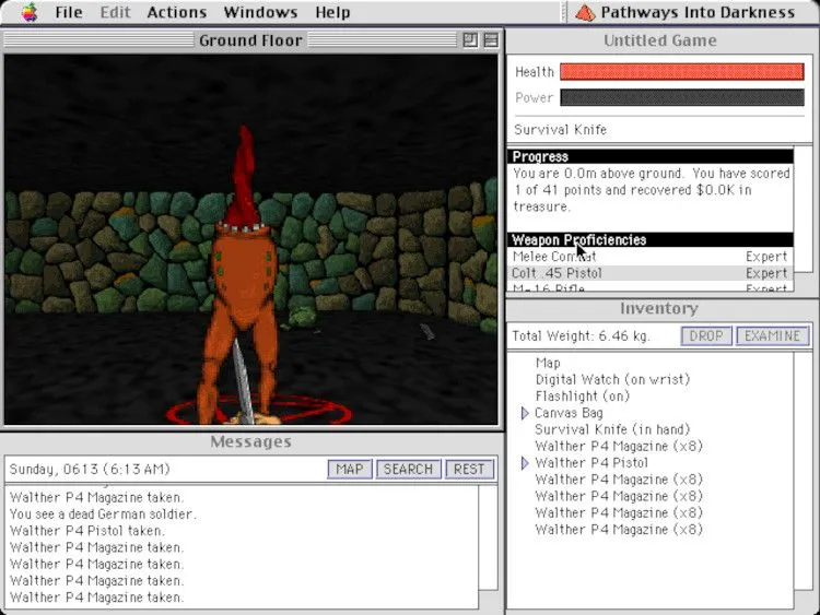 Hình ảnh gameplay từ game Pathways into Darkness, một tựa game FPS sớm của Bungie trên Macintosh