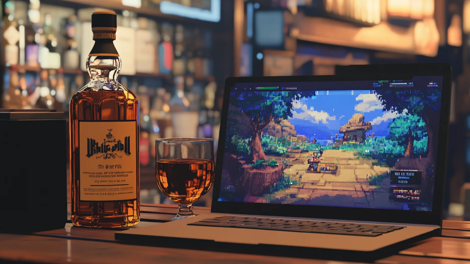 Hình ảnh minh họa MacBook chạy game bên cạnh chai Whiskey, thể hiện giải pháp chơi game Windows trên Mac hiệu quả