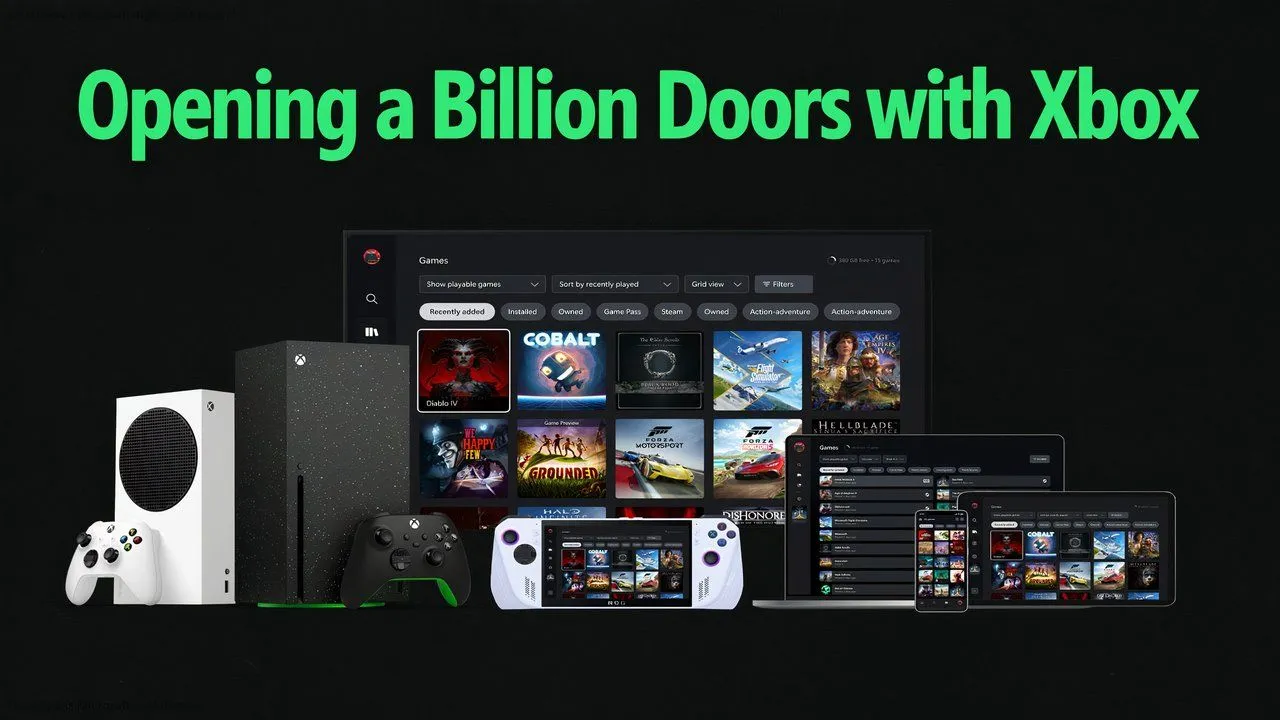 Hình ảnh nhiều thiết bị có thể chơi hoặc stream game Xbox, thể hiện tầm nhìn &quot;Mọi màn hình là Xbox&quot; của Microsoft.
