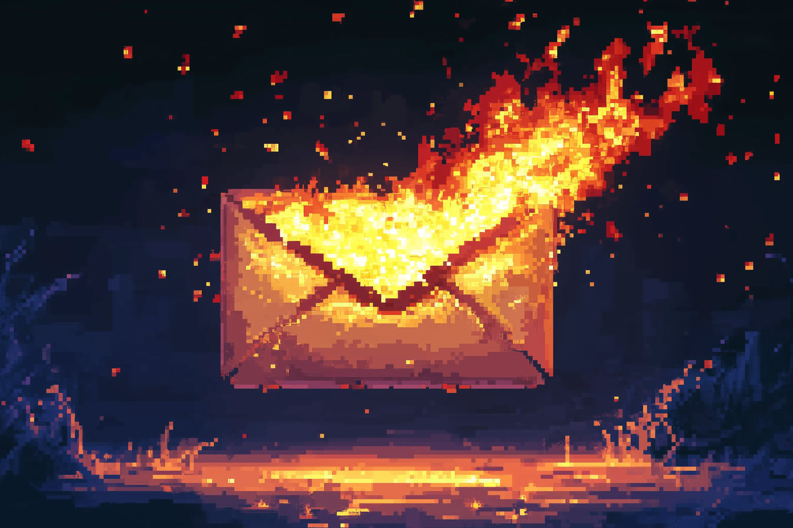 Hình ảnh pixel art minh họa một email đang bốc cháy, biểu trưng cho những sai lầm hoặc vấn đề thường gặp trong quản lý địa chỉ email.