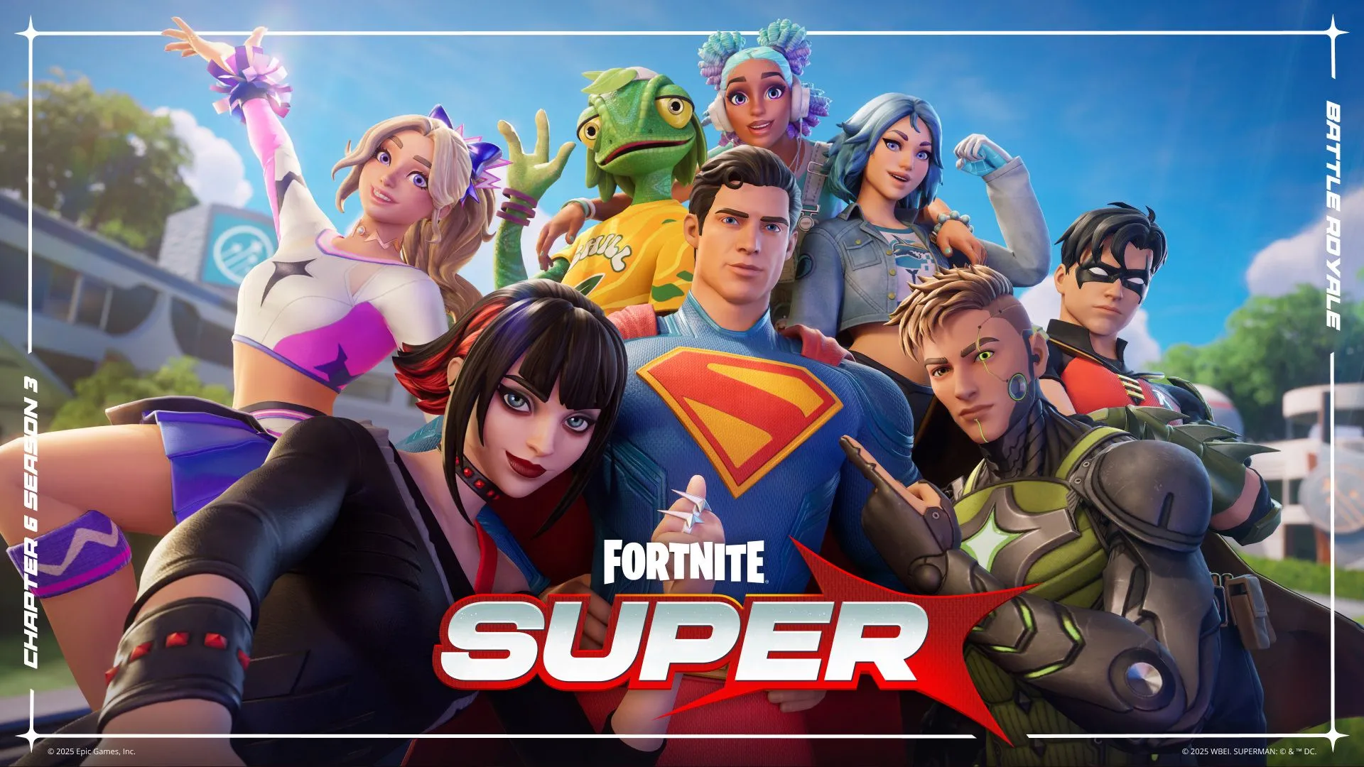 Hình ảnh quảng bá Fortnite BR Chương 6 Mùa 3: Super có Superman và các nhân vật gốc khác.