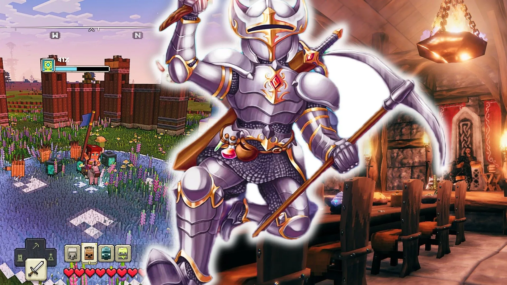 Hình ảnh tổng hợp các tựa game tập trung vào xây dựng căn cứ, bao gồm Terraria, Valheim và Minecraft Legends.