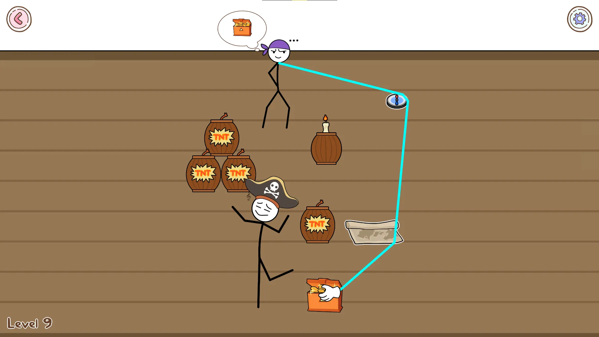Hình ảnh từ game Thief Puzzle, một nhân vật stickman đang khéo léo lấy trộm rương vàng từ tay cướp biển, thể hiện yếu tố giải đố hài hước.
