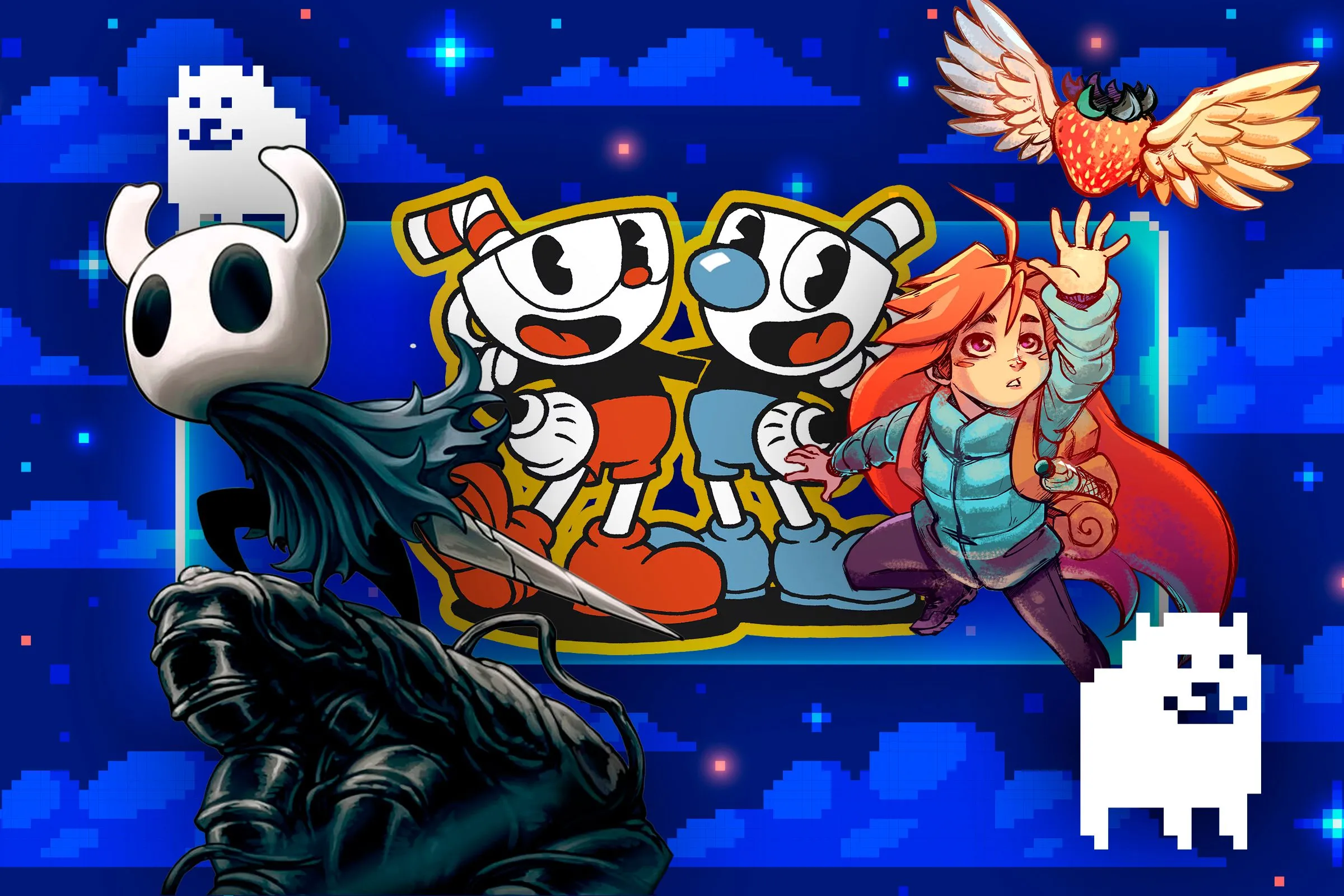 Hình minh họa các nhân vật game indie trên nền mây pixel, đại diện cho bản sắc của nhà phát hành Devolver Digital