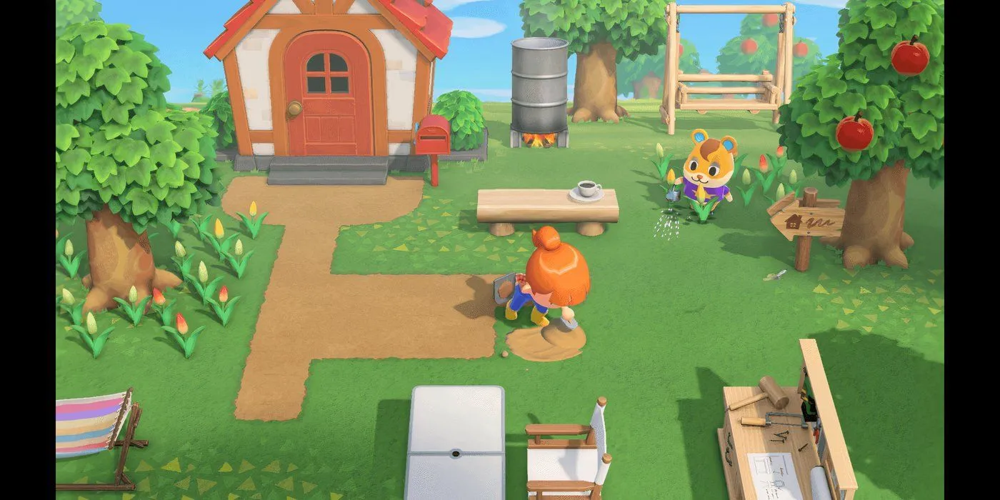 Hoạt động làm vườn yên bình trong Animal Crossing: New Horizons, nơi người chơi trồng cây và hoa để tô điểm cho hòn đảo của mình.
