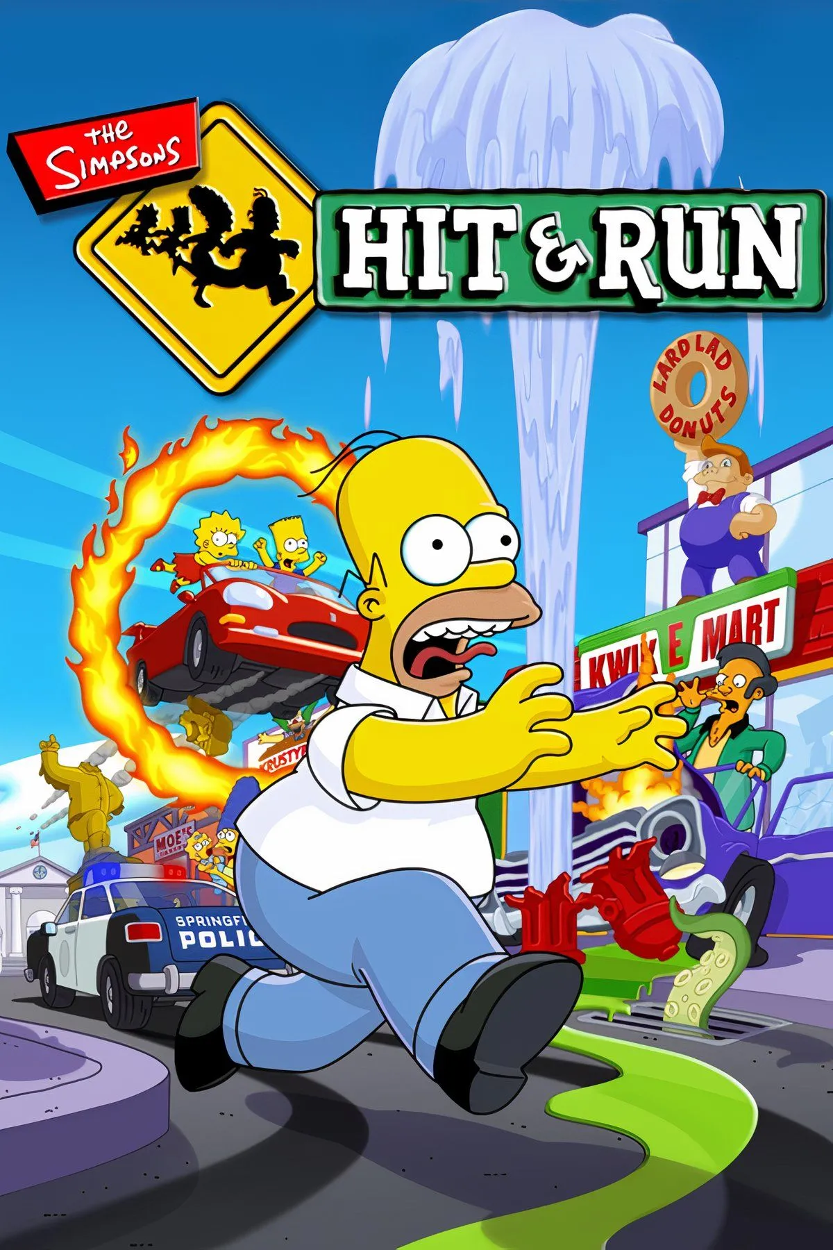 Homer Simpson đang lái một chiếc xe màu hồng quen thuộc trên đường phố Springfield trong The Simpsons Hit &amp; Run, với các nhân vật hoạt hình khác ở phía sau