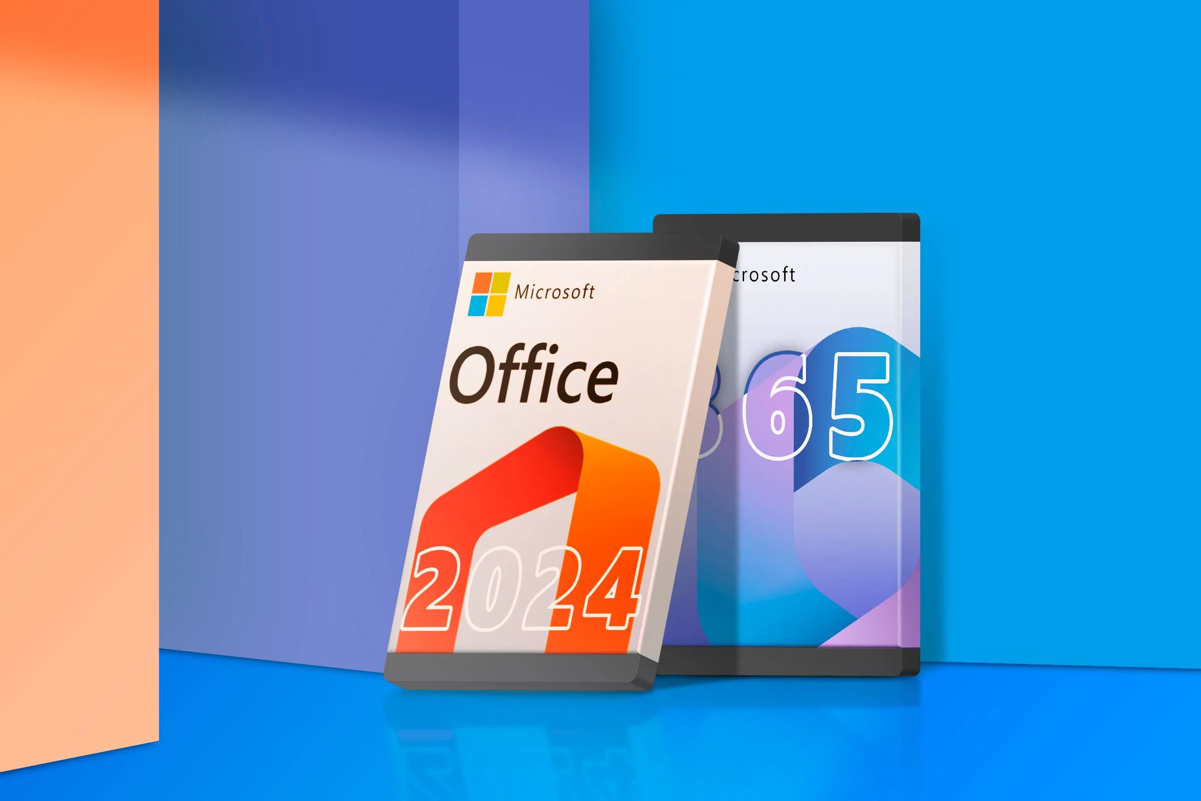 Hộp sản phẩm Microsoft Office và Microsoft 365 đặt cạnh nhau