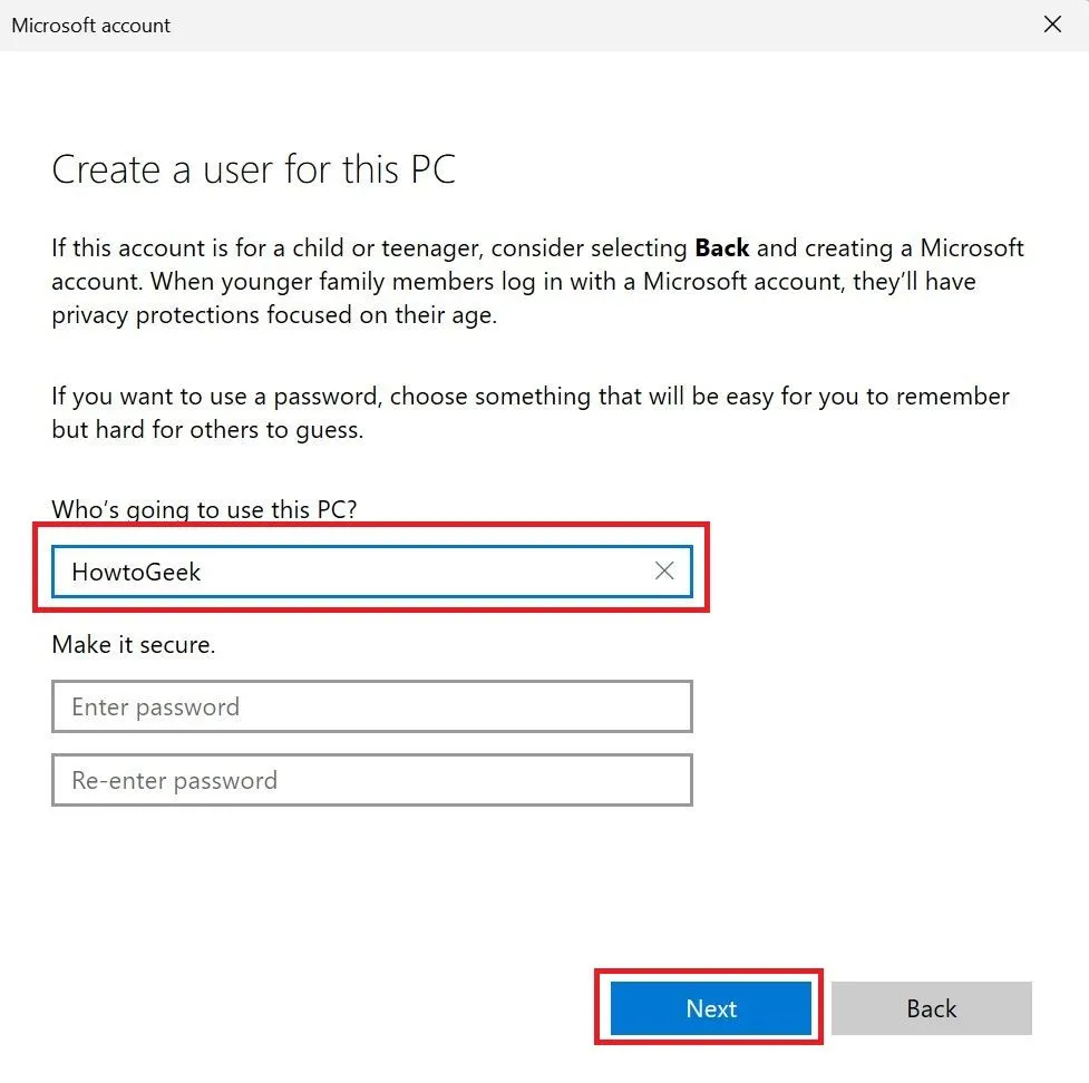 Hộp thoại tạo người dùng mới cho PC trong Windows 11