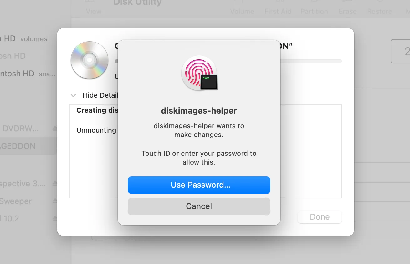 Hộp thoại yêu cầu xác nhận quyền để Disk Utility bắt đầu tạo file ảnh đĩa